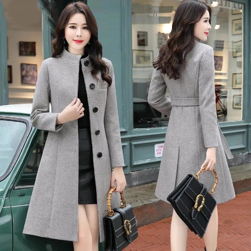 Осенне-зимняя женская шерстяная куртка, новое корейское приталенное шерстяное базовое пальто с воротником-стойкой, женская верхняя одежда, топы C1746