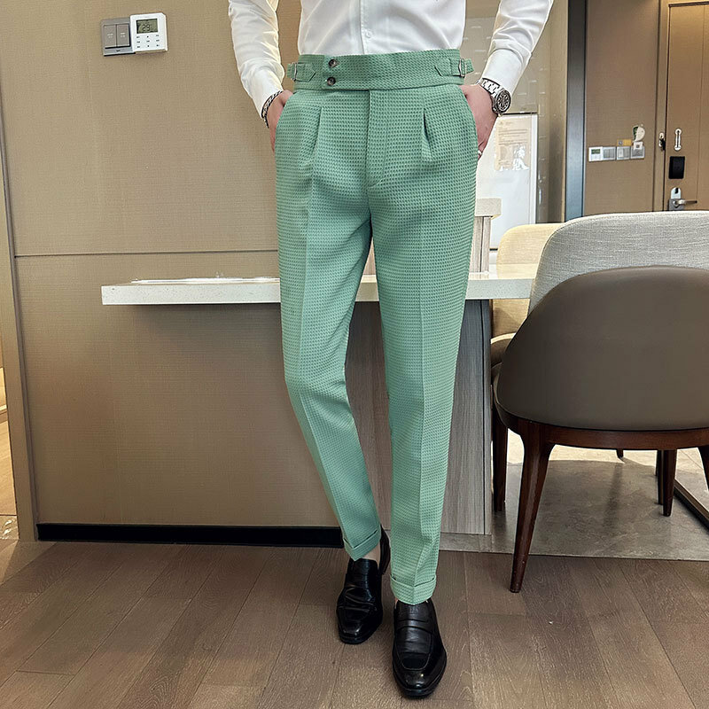 Koreańskie modne spodnie waflowe dla mężczyzn Slim Fit Casual spodnie strój biznesowy wiosna lato biuro społeczne ślubne spodnie