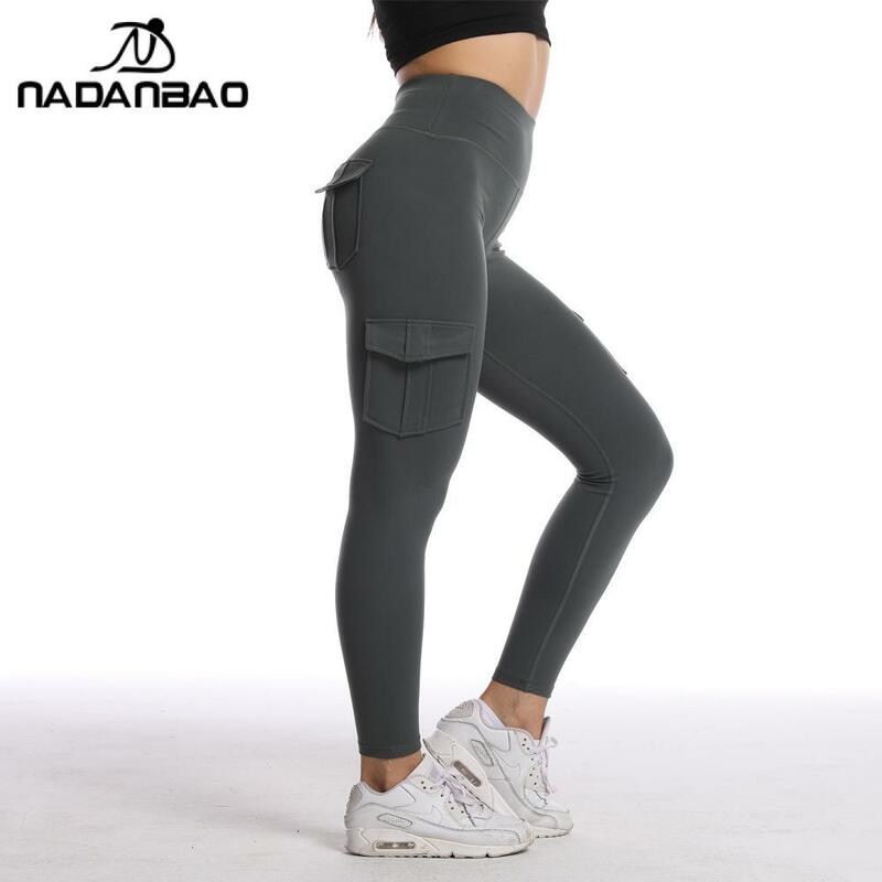 Nadanbao Fashion Solid Color Workout Pants Women Pockets Mid Waist Elastic Tights Leggings Female Slim Hip Lift Yoga Pants
