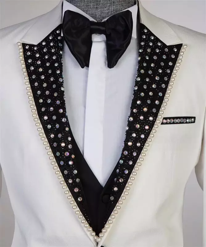 Luxury Crystal Men Suits Set 2 Piece Blazer+Pants Custom Made White Jacket Formal Office Groom Wedding Tuxedo Prom  Coat