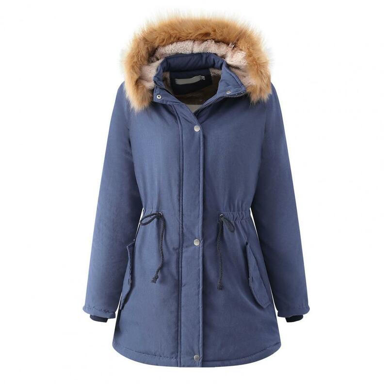 Jesienno-zimowy damski płaszcz średniej długości odpinana kurtka z kapturem polar o jednolitym kolorze podszewka stójka z długim rękawem