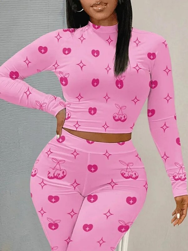 Lw plus size rosa duas peças conjunto de calças impressão frutas pulôver manga longa tripulação pescoço topo & bainha cintura elástica calças fitness 2pc