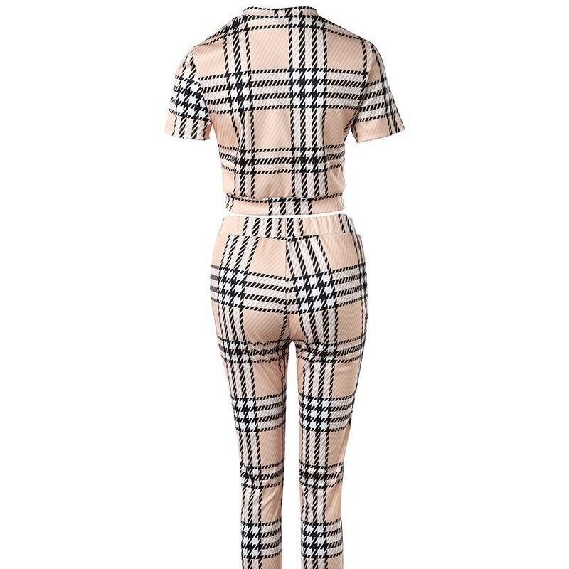 Conjunto de calças e top estampado xadrez de manga curta feminino, roupa casual, terno de duas peças, roupas para senhoras, nova moda