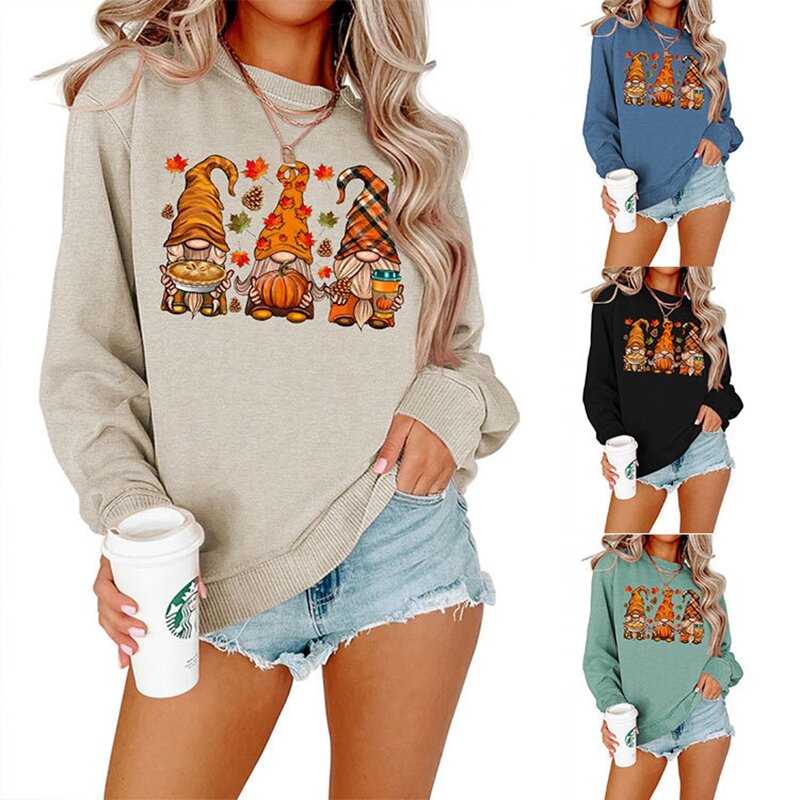 Nowa jesienna i zimowa damska koszulka z nadrukiem z dyni w stylu retro z okrągłym dekoltem w dużych rozmiarach z długimi sweter z rękawami