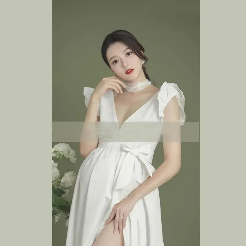 Women Pregnancy Photography Props Gown For Photo Shoot White Elegant Ruffle Sleeve V-neck Maternity Dress For Baby Shower 2021