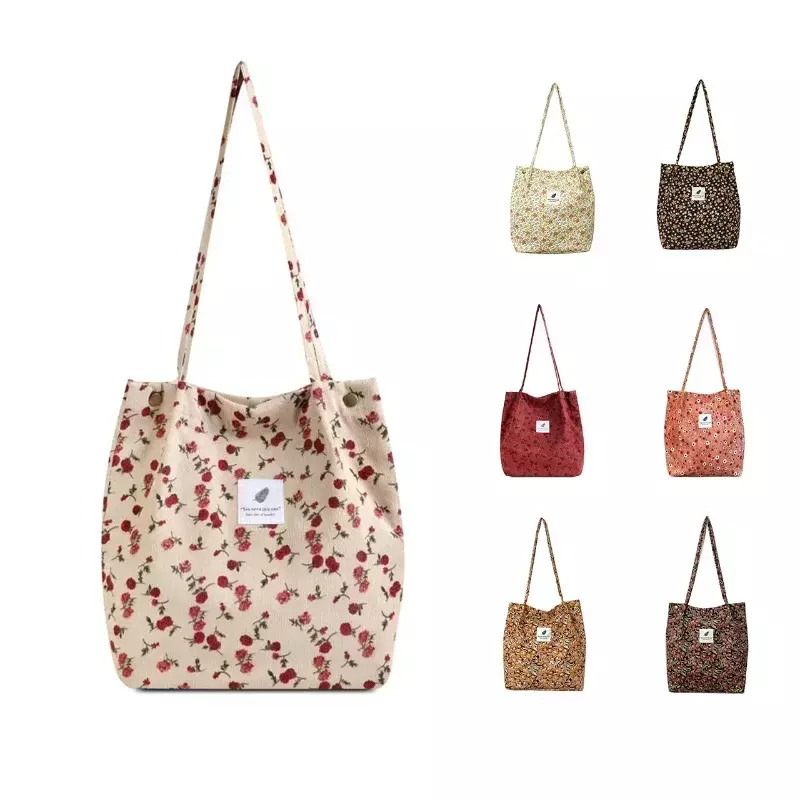 Bolsas de ombro de lona grandes para mulheres, sacola de compras, bolsa floral reutilizável eco para senhoras