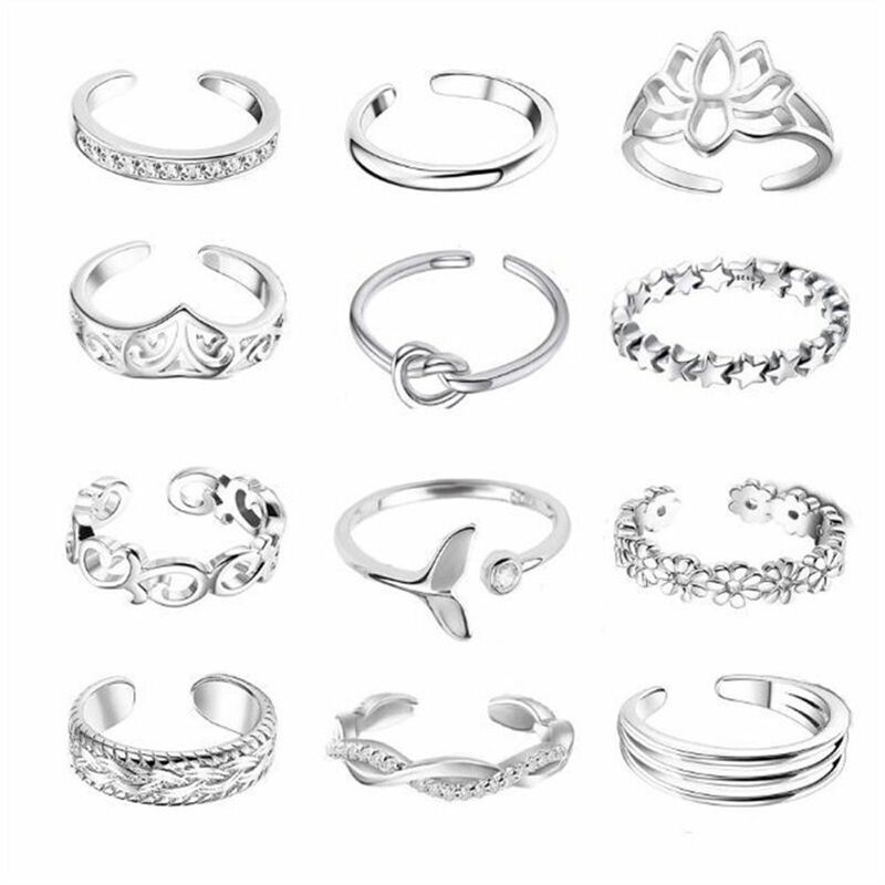 Set cincin jari kaki wanita, 12 buah Aloi Aksesori kaki pantai perhiasan mode