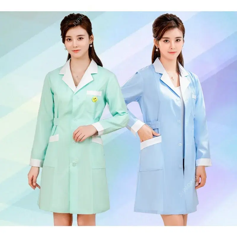 Mantel Lab wanita, jaket panjang seragam medis mode dengan sabuk samping Lengan Pendek/lengan panjang pakaian kerja farmasi mantel putih
