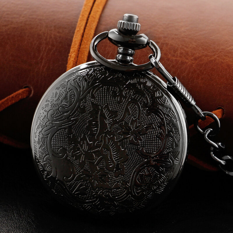 Black Smooth Pattern Hollowed-Out Necklace Quartz Pocket Watch Steam Friend Old Fashion Chain Pendant Pocket Timer Gift Cf1005