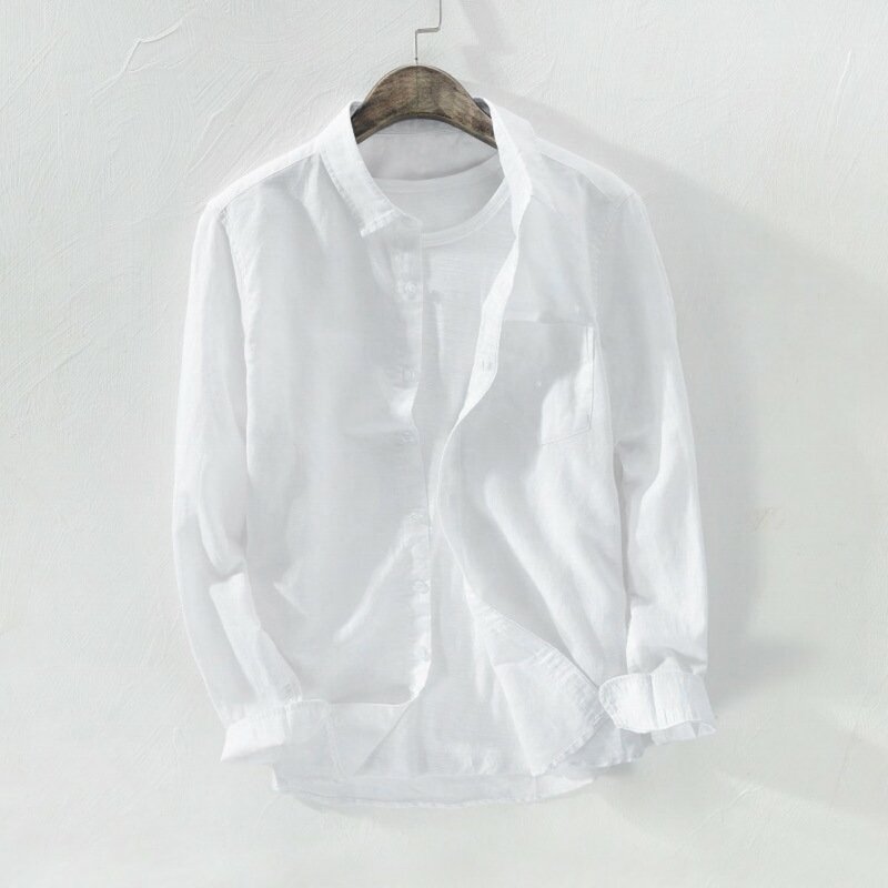 Летняя женская рубашка для мужчин, модная свежая однотонная хлопковая льняная блузка с длинными рукавами и пуговицами, топы с карманами