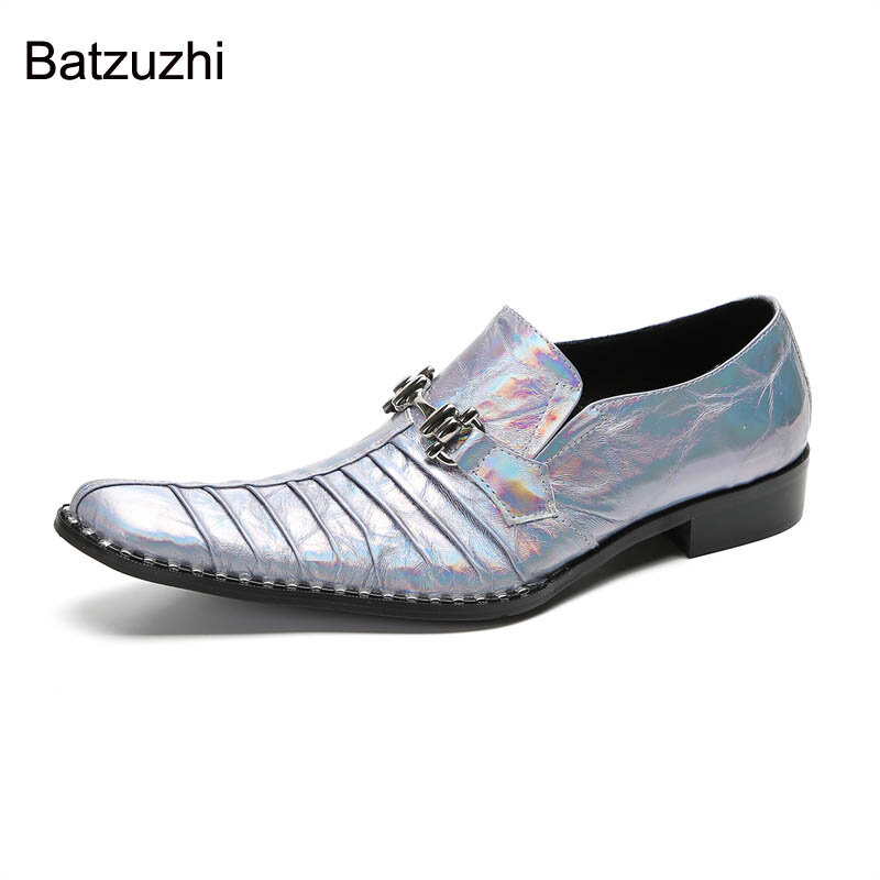 Batzuzhi-zapatos de lujo para hombre, calzado de vestir de cuero Gneuine hecho a mano, sin cordones, color plateado, para negocios, fiestas, bodas, talla grande