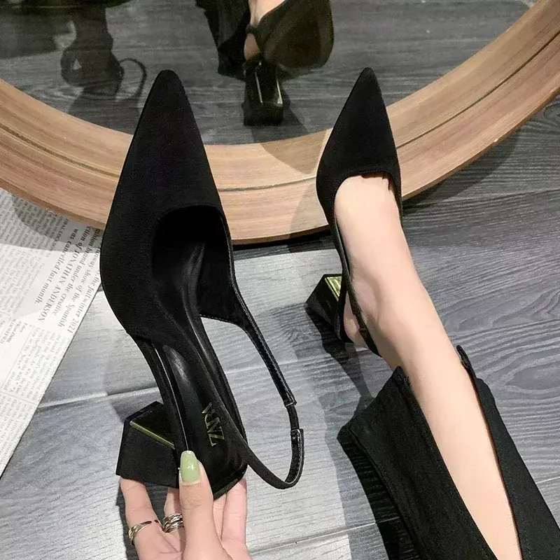 2024 Summer New Women's Pumps Fashion Solid Sexy Slingback Shoes for Women Square Heel Suede Pointed Toed High Heel Shoes Ladies