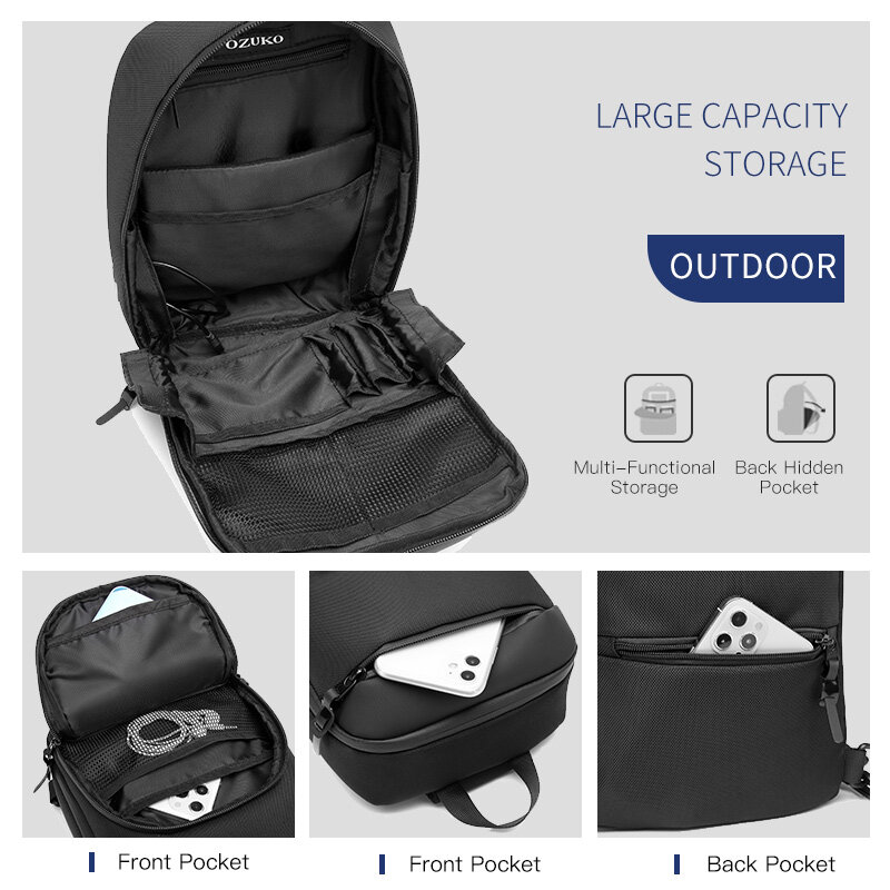 OZUKO-Casual Business Shoulder Bag com Porta de Carregamento USB, Grande Capacidade, Impermeável, Ajustável, Messenger Bag, ao ar livre