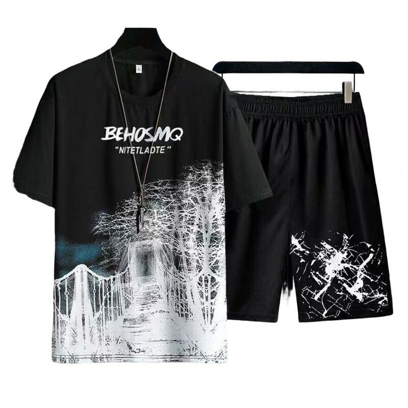 2Pcs/Set Men Sports Outfit Shorts T-shirt Ice Silk Gradient Color Letter Print T Shirt Wide Leg Shorts Set Autumn Men Suit