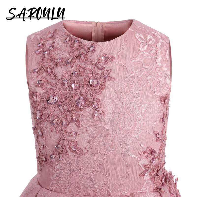 Милое розовое Многоярусное официальное платье для девочек, кружевное Тюлевое короткое платье для выпускного вечера с аппликацией, детское свадебное платье без рукавов с круглым вырезом и цветами для девочек