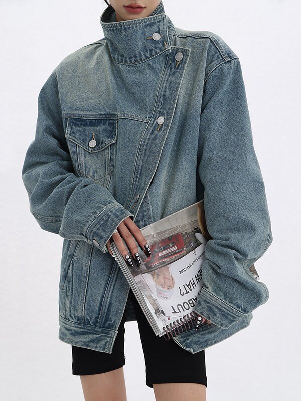 Damen Jeans mantel Roll kragen pullover Einreiher Vollarm Patchwork vielseitige Jacke Mode Herbst Streetwear Denim Mantel