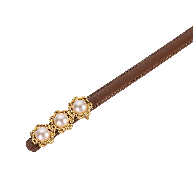 New Elegant Designer Belt For Women Luxury Pearl Gold Metal Buckle Ladies Waistband Matching Female Dress Genuine Leather Girdle