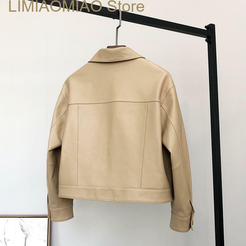 New Fall Winter Short Light White Real Lambskin Leather Jacket For Turn Down Collar Long Sleeve Casual Single Breasted Coat
