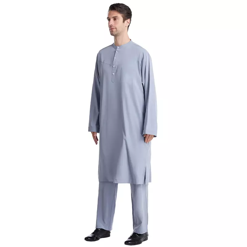 Мусульманский арабский мужской халат на пуговицах + брюки 2 шт. одежда костюм абайя Саудовская Аравия ИД Турция исламский мусульманский повседневный костюм