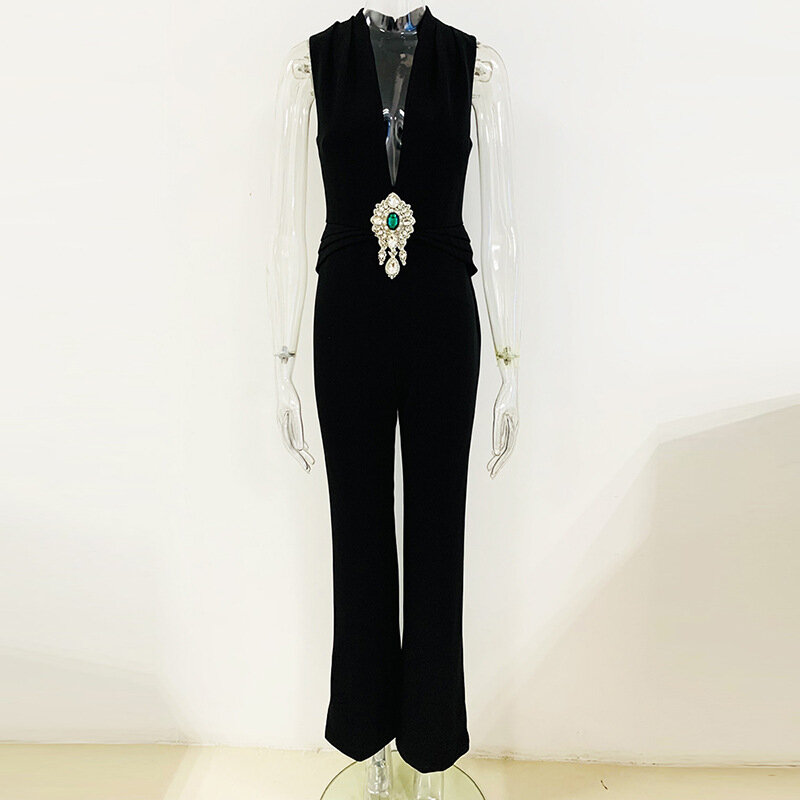 Kryształowy czarny kombinezon damski 1-częściowy kombinezon bez rękawów codzienna formalna damska kurtka odzież robocza