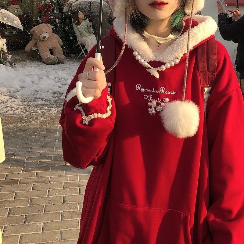 QWEEK Kawaii Hooded Sweatshirts เสื้อกันหนาว Harajuku คริสต์มาสเสื้อมีฮู้ดสีแดงขนาดใหญ่หวานสาวนุ่ม MODE Korea เย็บปักถักร้อยน่ารัก