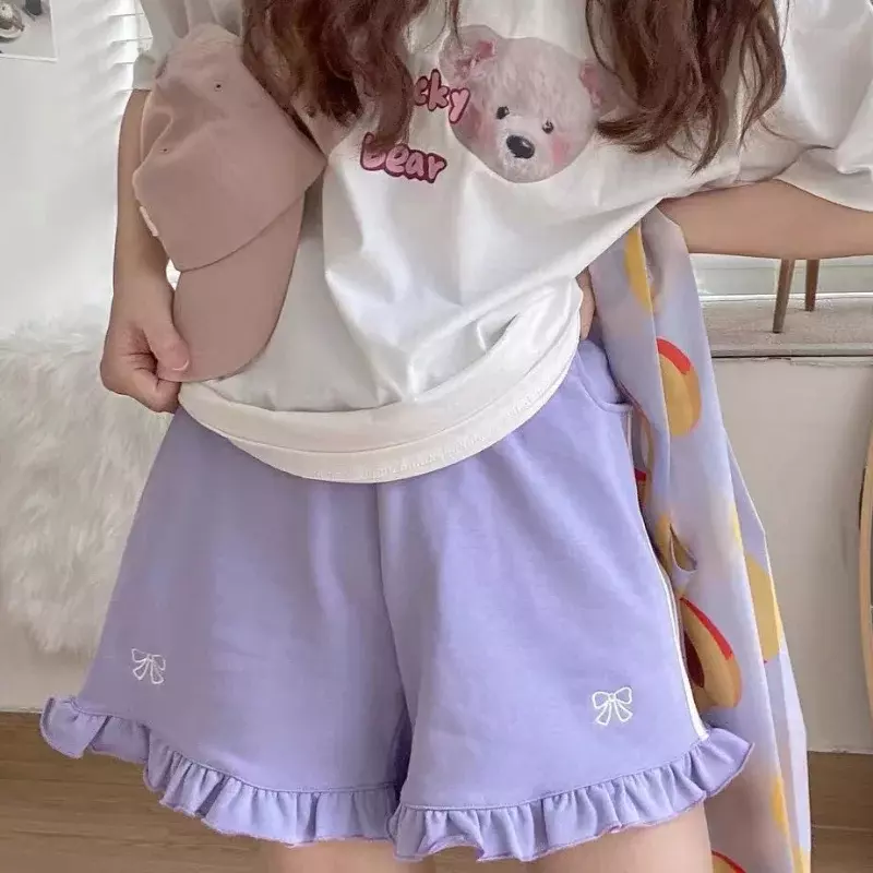 Szorty na lato kobiety Harajuku Kawaii kokardki marszczone styl japoński dziewczęcy luźny stylowy College Streetwear na co dzień