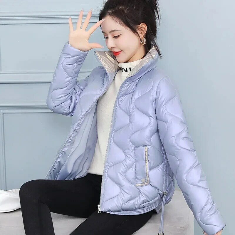 女性の光沢のある綿のコート2022,新しい韓国のコート,厚手,だぶだぶ,スタンドカラー,秋と冬