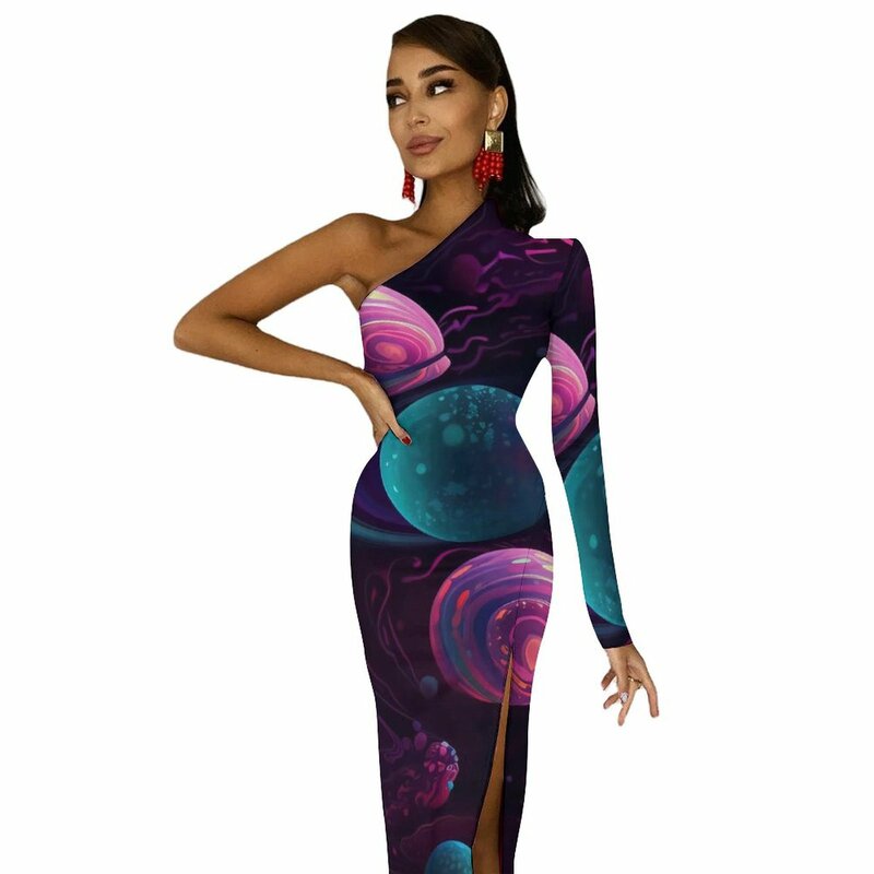Женское длинное платье с разрезами по бокам, фиолетовое облегающее Платье макси с разрезом, яркое платье в космическом стиле, для весны