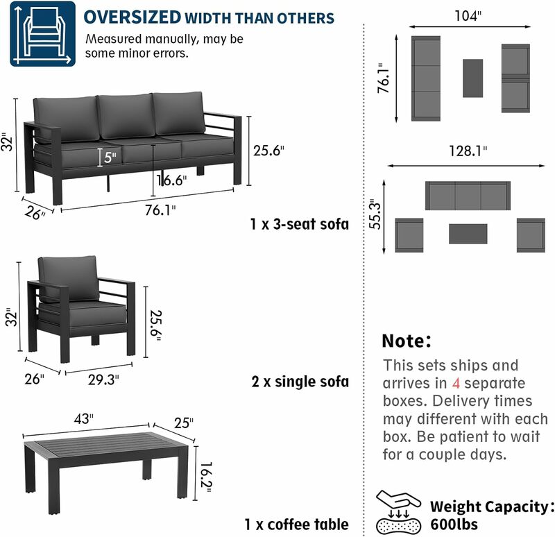 Aluminum Patio Furniture Set, Metal Patio Furniture Outdoor Couch, Aluminum Patio Chairs Outdoor Seating Set for Balcony