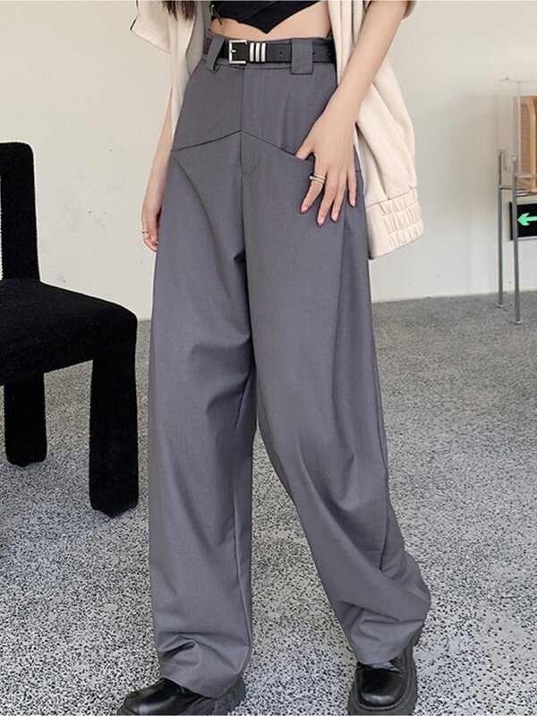 Celana Penuh Kaki Lebar Musim Semi Musim Panas dengan Sabuk Wanita 2023 Baru Pinggang Tinggi Lurus Longgar Kasual Setelan Celana Hitam