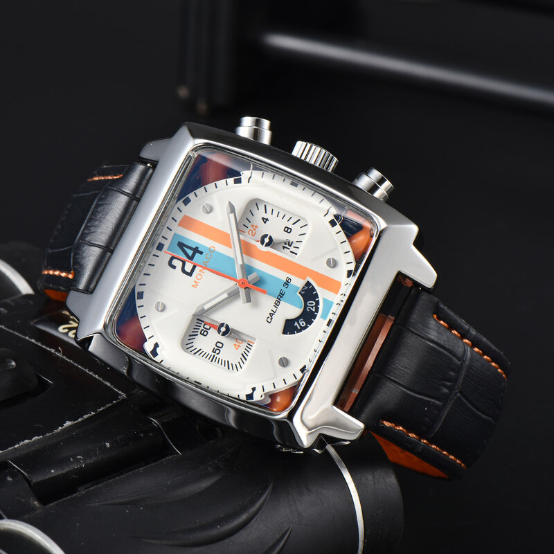 Relógio mecânico em aço inoxidável masculino, perspectiva casual para ver através do relógio de quartzo, preto laranja e azul, couro genuíno, novo
