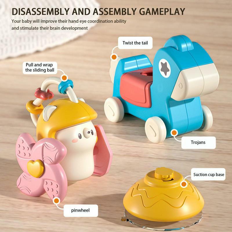 Wysokie krzesełko zabawki z przyssawkami zestaw tac zabawka dla rozwoju i interaktywnej zabawy 5 w 1 koń kreskówkowy zabawki Spinner ząbkowanie
