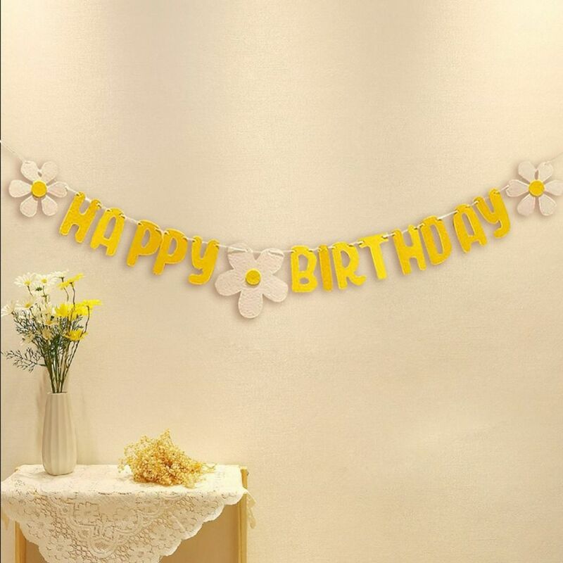 Yellow Non Woven Girl Boys For Home Decor Happy Birthday Party Flag Banner Daisy Banner Hanging Flag
