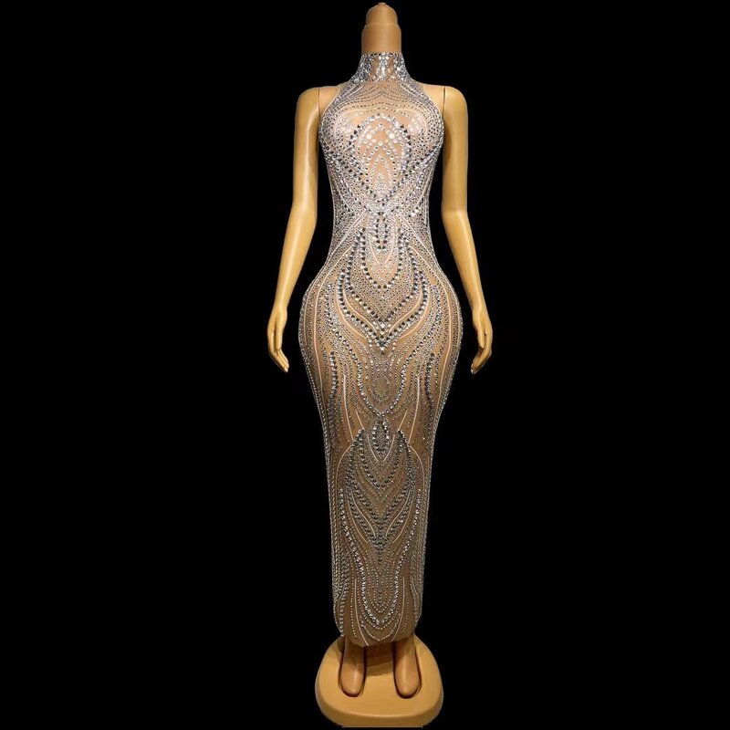 Gaun panjang berlian imitasi perak perayaan ulang tahun wanita bersinar 2024 penyanyi tari pakaian melar jaring telanjang tembus pandang Liuxu
