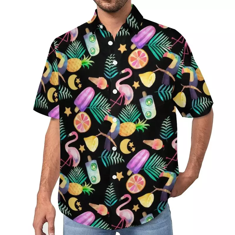 Chemise hawaïenne imprimée crème glacée d'été pour hommes, haut à revers cool et décontracté pour la plage, motif de dessin animé imprimé, chemise pour hommes