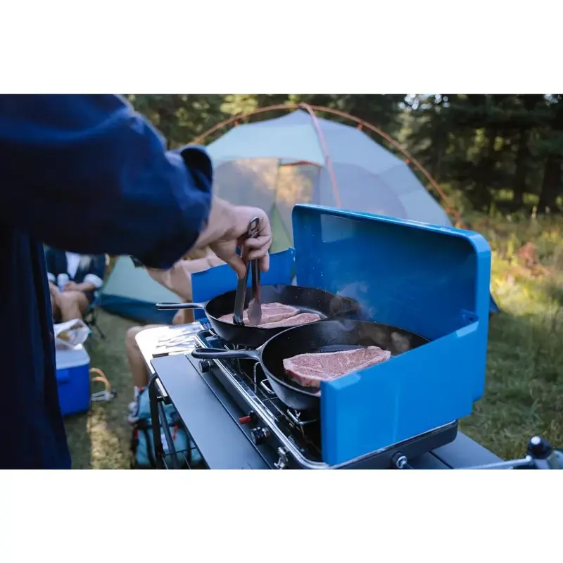 Estufa portátil de propano para acampar, 2 quemadores, libre de carga, suministros para senderismo al aire libre, accesorios de cocina para campamento