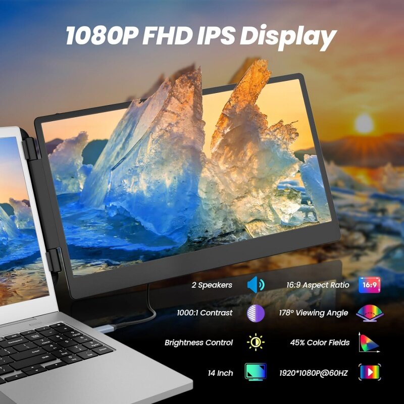 14 "ขยายหน้าจอแล็ปท็อป, FHD 1080P IPS Triple Portable จอภาพสำหรับแล็ปท็อป, HDMI/USB-A/Type-C ปลั๊กและ Play สำหรับ Windows,