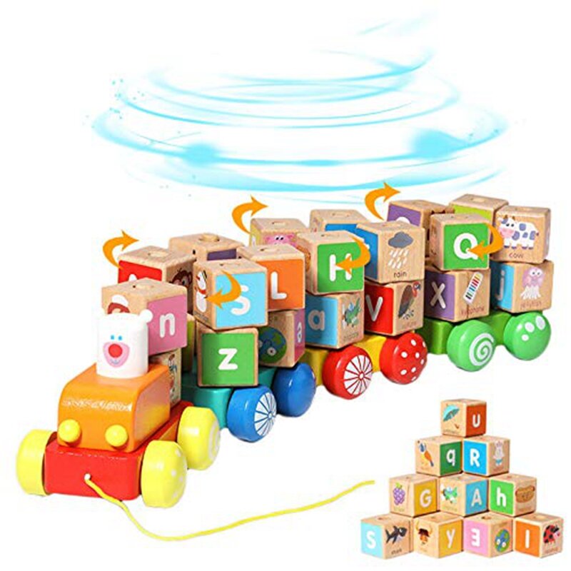 ของเล่นเด็กของเล่นรถไฟไม้แบบดึงพร้อมตัวอักษร26ตัวชุดตัวต่อของเล่นเพื่อการศึกษาสำหรับ3 + ปี