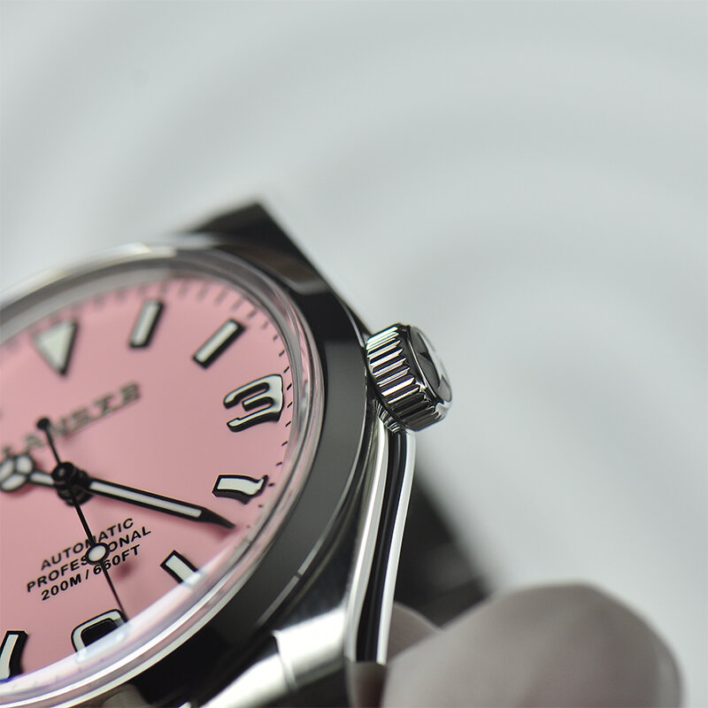 LANSTB-Relógios esportivos de aço inoxidável vintage de 37 mm, relógio feminino rosa de luxo, movimento automático NH38, novo relógio de mergulho à prova d'água