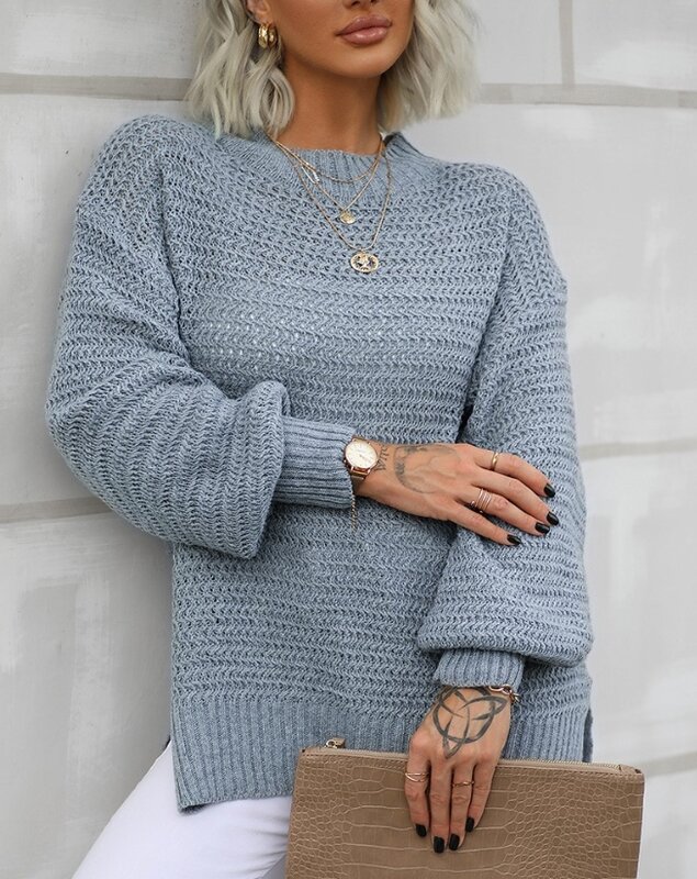Women's Sweater 2023 Autumn Winter Half High Collar Solid Color Pullover Long Sleeve Mock Neck Strap Side Split Knitted Sweater
