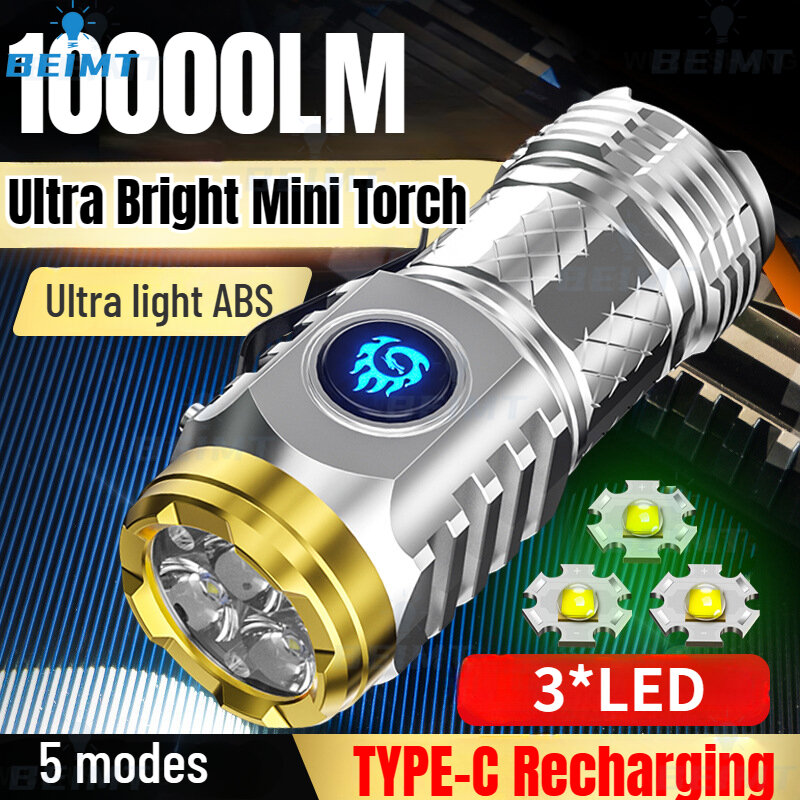 Minilinterna LED de largo alcance para el hogar, luz potente, superbrillante, carga de batería en repetidas ocasiones, portátil, para exteriores, 3 unidades