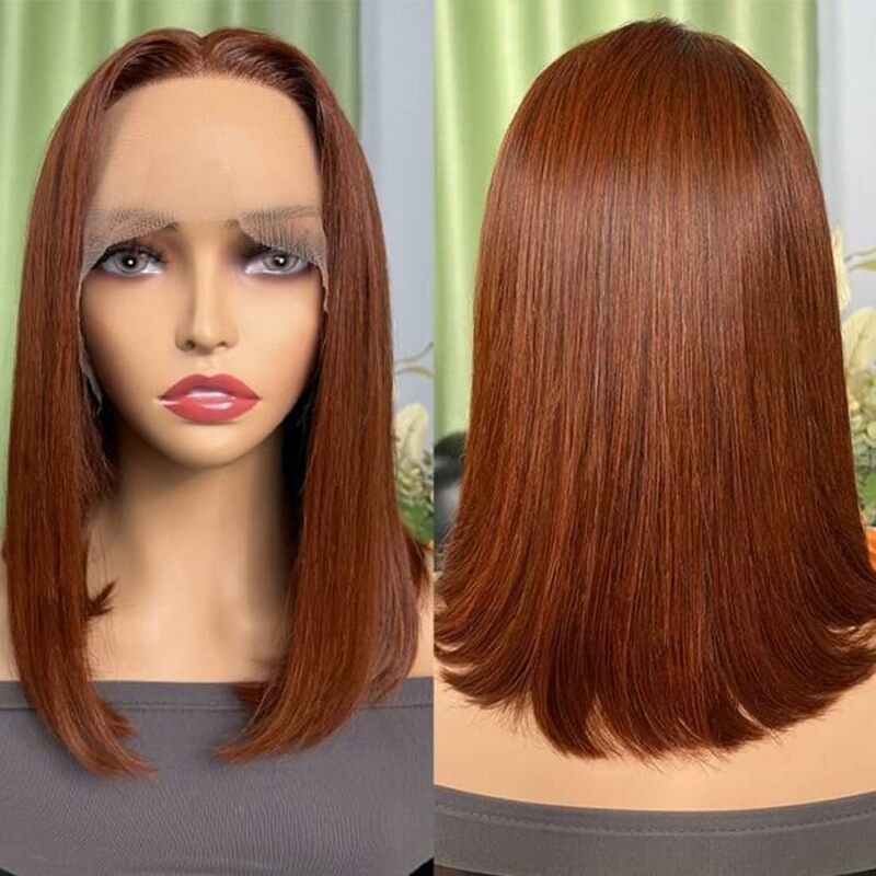 Peruca bob lace front peruca natural brasileiro remy-marrom avermelhado, 13x4, pré-arrancado, com cabelo de bebê, sem glueless