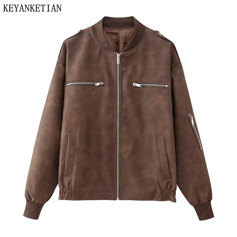 Keyanketian-女性の人工皮革のジャケット,ジッパー付きのルーズなショートトップ,ファッショナブル,秋,冬,新しい