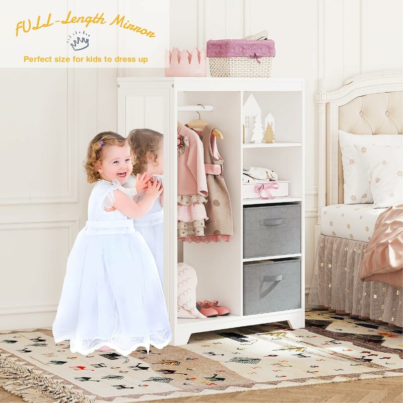 Armario con espejo de longitud completa para niños, armario con 2 contenedores de almacenamiento, apertura colgante para disfraz