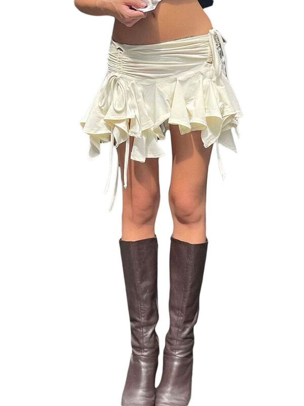 Женская мини-юбка с рюшами, Черная/белая однотонная ассиметричная юбка в готическом стиле, на завязках, с рюшами, в стиле панк, на лето