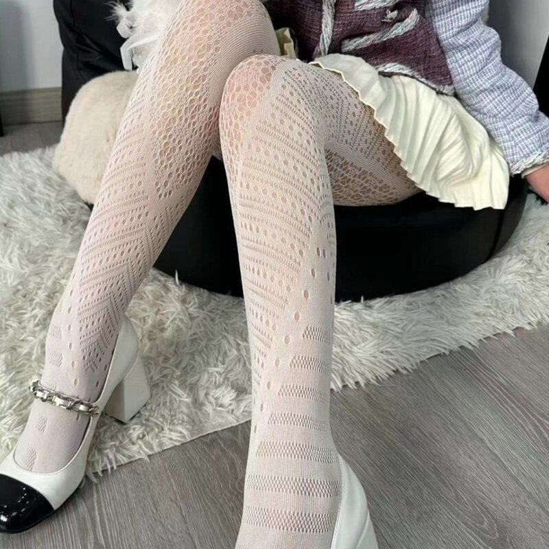 Mulheres geométricas padrão sólido arrastão meia-calça vintage malha meias meias