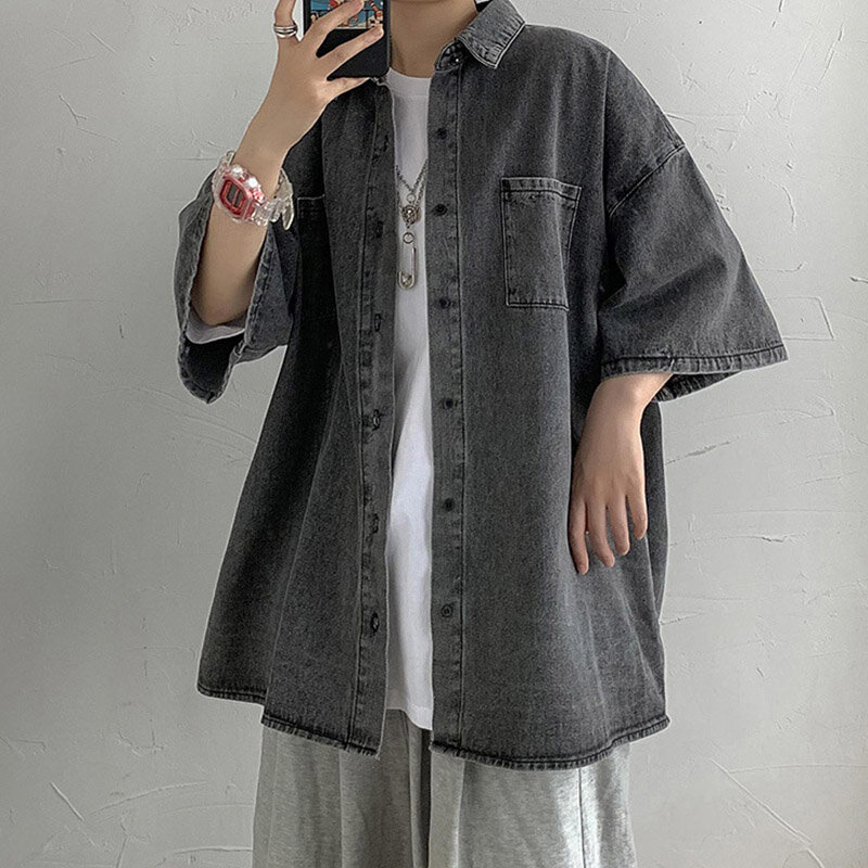 Nowa koszula dżinsowa w stylu retro edycja koreańska męska marka Design letnia przystojna młodzieżowa podróż na zakupy luźny rozmiar koszula z krótkim rękawem płaszcz