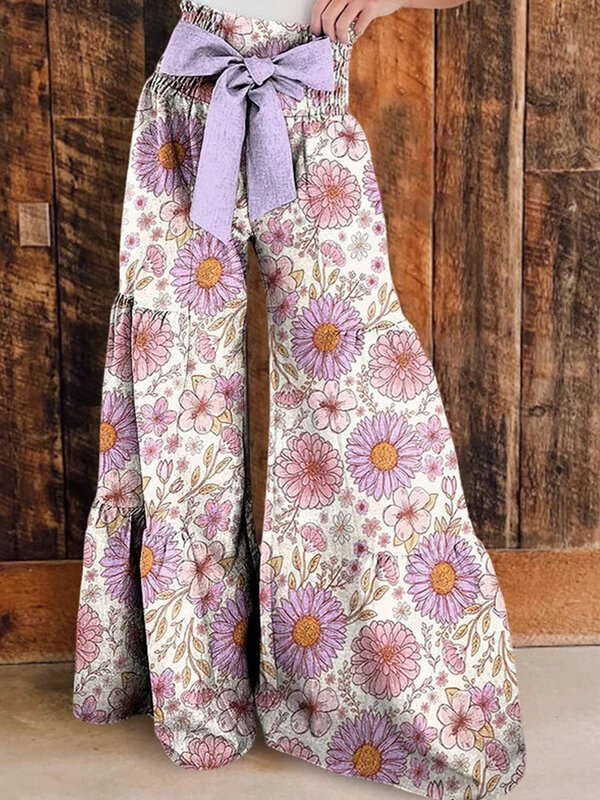 Винтажные романтические многоярусные брюки палаццо с цветочным принтом