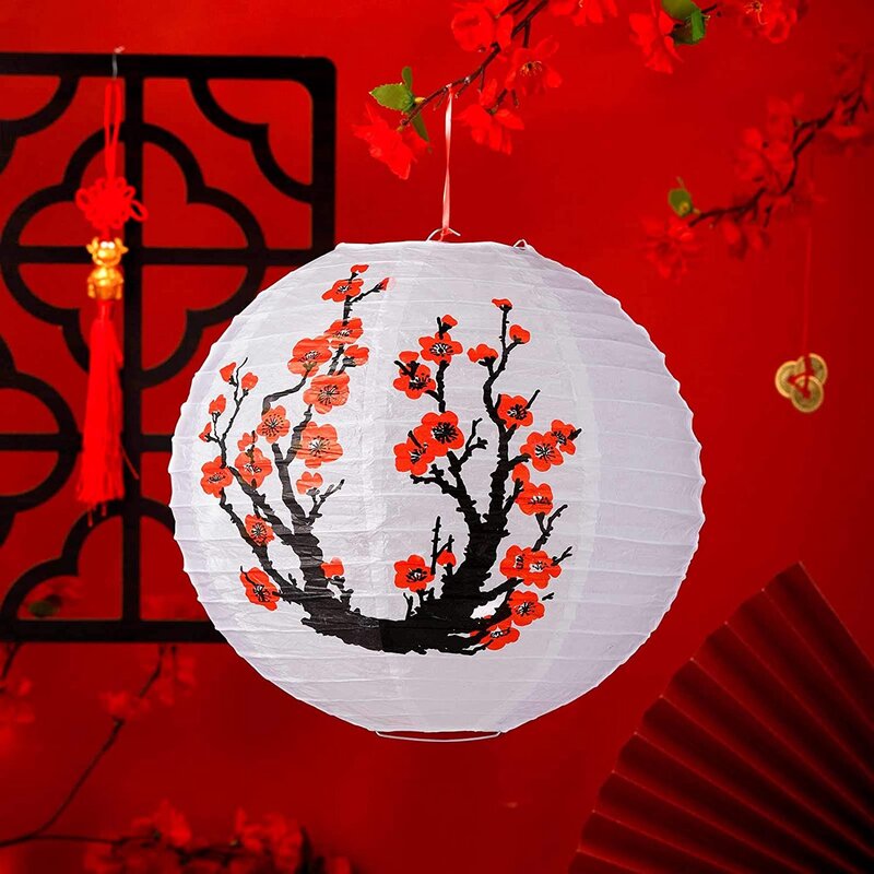Lâmpada de papel redondo para decoração doméstica, flores vermelhas chinesas, lanterna de papel, branco, chinês, festa de casamento, 6 Pack, 12 Polegada