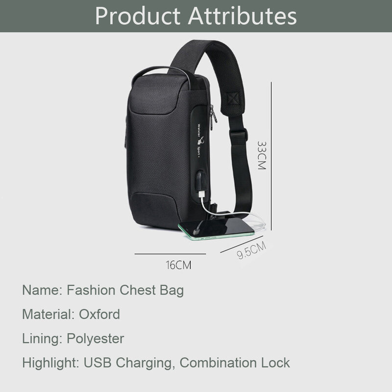 Мужская модная сумка через плечо с USB-зарядкой и комбинированным замком, Водонепроницаемая дышащая сумка через плечо, деловая спортивная сумка-мессенджер для отдыха